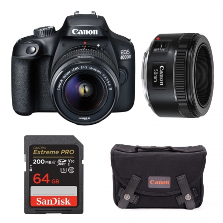 Canon EOS 4000D + 18-55mm III + 50mm 1.8 STM + SD 64GB + original torba